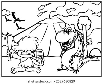 Little caveman cartoon characters playing baseball with dinosaur as his Pet, With ancient volcano background. Best for coloring book with dinosaurs themes for kids