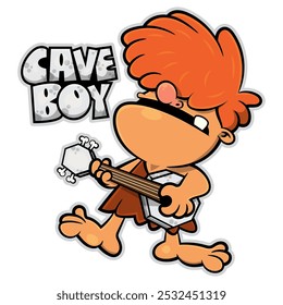 Little Caveman cartoon characters singing and playing guitar was made from stones, woods, and bones. Best for sticker, logo, and mascot with musical themes for kid