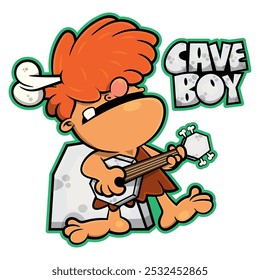 Little Caveman cartoon characters singing and playing guitar with speakers was made from stones, woods, and bones. Best for sticker, logo, and mascot with musical themes for kid