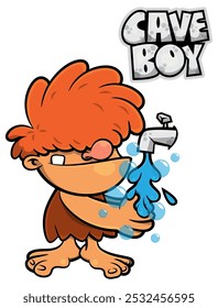 Little Caveman cartoon characters washing hands with running water. Best for sticker, logo, and mascot with healthy lifestyle themes for kid