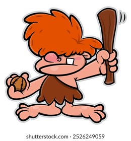 Little Caveman cartoon characters wearing leather clothes. Get ready for playing baseball. Best for sticker, logo, and mascot with sports themes for kids