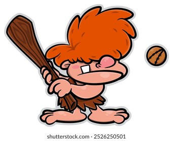 Personagens de desenhos animados de Little Caveman vestindo roupas de couro, esmagando uma bola com bastão de beisebol. Melhor para adesivo, logotipo e mascote com temas de esportes para crianças