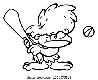 Personagens de desenhos animados de Little Caveman vestindo roupas de couro, esmagando uma bola com bastão de beisebol. Melhor para colorir livro, logotipo e contorno com temas de esportes para crianças