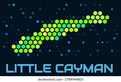 Little Cayman hexagon dots map. Digital style shape of the island. Little Cayman map and title. Large green colored hexagons, sparse blue dots at background. Vector Illustration.