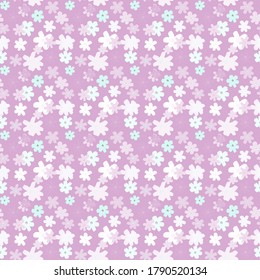 Little chamomile figures seamless random pattern. Pastel lilac background with light botanic elements. Designed for wallpaper, textile, wrapping paper, fabric print. Vector illustration.