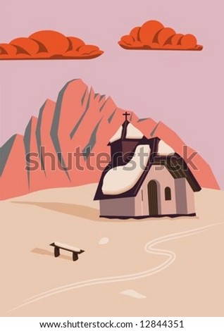 A little chapel on the top of a mountain at sunset