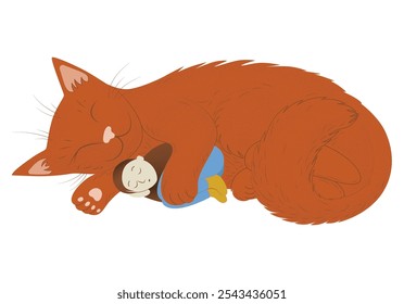 Little character, boy or man, sleeping in the arms of a huge red cat. Autumn cozy funny illustration, fall mood to be small and to sleep away with a fluffy orange animal.