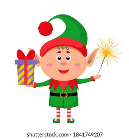 Little character funny elf in a suit with a gift and a sparkler in his hand. vector illustration isolated on white background