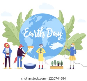 little character prepare for the day of the Earth concept. Save the planet, save energy, the hour of the Earth design. Earth day vector flat illustration