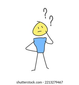 Little character thinking under question marks. Doubts and questions concepts. Problem solving. Vector doodle illustration