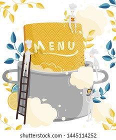 Little characters cooks come up with a menu. Field for text. Colorful illustration of menu creation for a restaurant or cafe