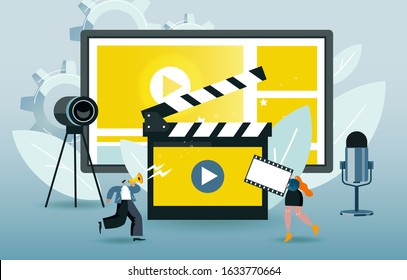 Little characters create a film. A designer works freelance. People start to record a movie. Users record a video at an online platform. Blue and yellow colored vector illustration EPS 10