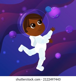 A little charming girl in an astronaut costume with big shining eyes  in outer space. Universe and planets in cartoon style. The mood of joy, fun, childhood and dreams.