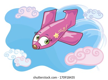 Little cheerful airplane flying through the sky rapidly between beautiful cloud. Star painted on his side. Children cartoon picture.