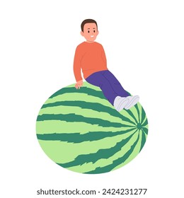 Little cheerful boy child cartoon character sitting on giant watermelon isolated on white background