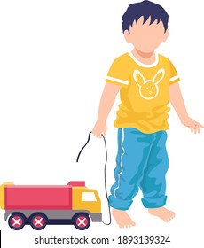 Little cheerful boy standing hold leash truck toy, children kid play lorry plaything cartoon vector illustration, isolated on white. Concept modern child car bauble, game funny time spend.