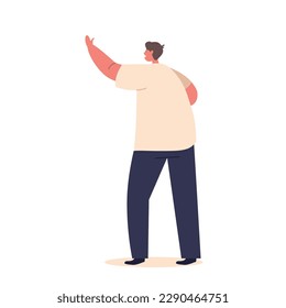Little Cheerful Boy Stands Alone, Wearing A Cheerful Smile And Waving His Hand To Greet Someone Isolated on White