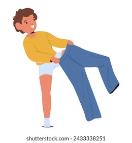 Little Cheerful Boy Steps Into His Pants One Leg At A Time, Pulls Them Up Snugly Around His Waist. Kid Character Dressing Up, Prepare for Outdoor Walk. Cartoon People Vector Illustration