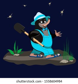 Little cheerful cartoon small animal mole with a shovel walks at night along the path with green grass and leaves, on a blue background yellow stars. A mole in a hat and pants on salad-colored straps