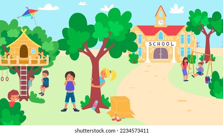 Little cheerful children playing schoolyard, kid character together funny time spent playground green park flat vector illustration.
