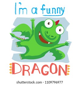 A little cheerful dragon. Sticker for children. Sticker for children. Vector illustration for print on t-shirt and other materials