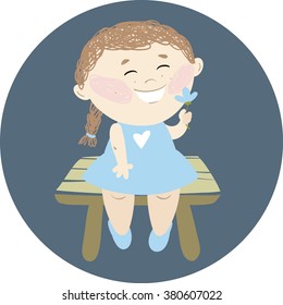 Little cheerful girl with flower in her hand sitting on a bench. Cute character for your stunning design