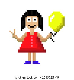 Little cheerful girl holding a balloon in her hand. Vector pixel graphic illustration. Isolated object on a white background. Isolate.