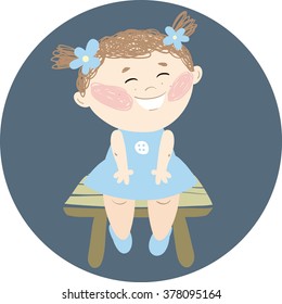 Little cheerful girl sitting on a bench. Cute character for your stunning design