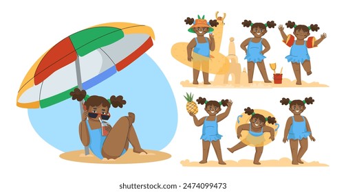 A little cheerful girl with tanned skin is resting on the beach. Stand a sand castle, lie under an umbrella on the sand. Set of vector illustrations, eps10