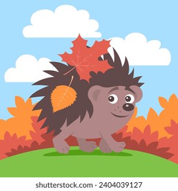 Little cheerful hedgehog with autumn leaves on the back. Cute animal in forest. Autumn in nature. Vector cartoon illustration