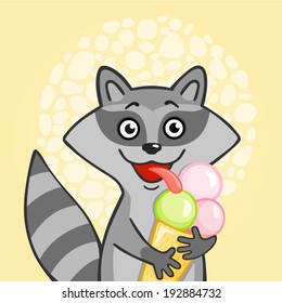 little cheerful raccoon is ice cream