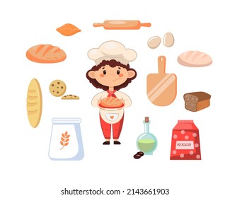 A little chef and baking and cooking items. Vector illustration in cartoon style.