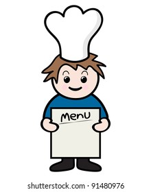 Un pequeño chef sosteniendo el menú.
