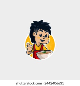 little chef cartoon mascot logo, serving a delicious special soup menu, home cooking with restaurant taste