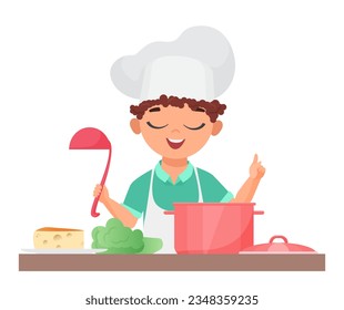 Little chef child cooking. Little boy in kitchen preparing soup vector illustration