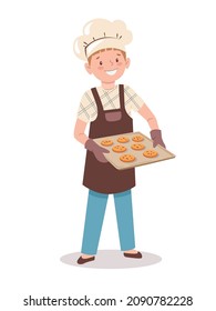 Little chef. Child is holding a baking sheet with homemade cookies. Cartoon boy in a chef's hat and apron bakes pastry. Vector illustration in flat style isolated on a white background.