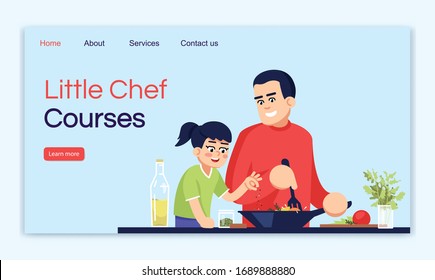 Little chef courses landing page vector template. Master class website interface idea with flat illustrations. Cooking lessons homepage layout. Culinary teaching cartoon web banner, webpage