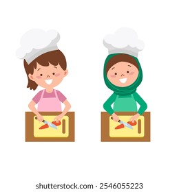Little chef girl cutting carrot happily