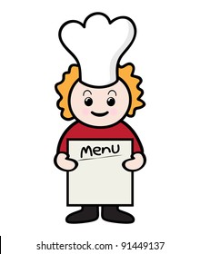 Little chef girl holding the menu.