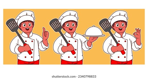 little chef holding spatula and delicious dish