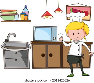 Pequeño cocinero con equipamiento de cocina en ilustración de fondo blanco