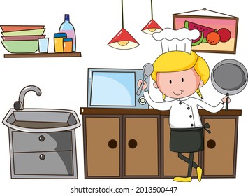 Little chef with kitchen equipments on white background illustration