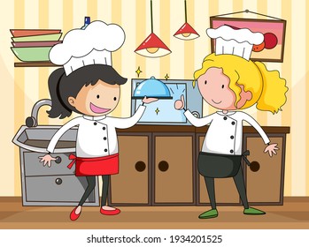 Little chef in the kitchen scene with equipments illustration