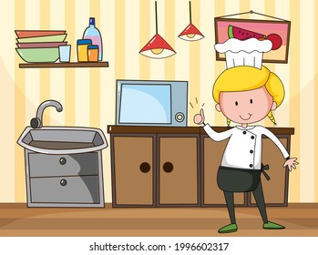 Pequeño chef en la escena de la cocina con ilustraciones de equipamientos