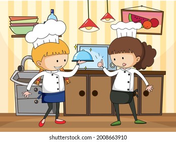 Little chef in the kitchen scene with equipments illustration