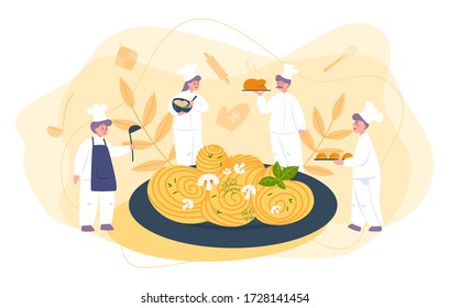 Little chef in professional uniform cook spaghetti or pasta. Italian food on the plate. Delicious dinner, meat dish. Isolated vector illustration in cartoon style