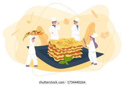 Little chef in professional uniform cook tasty lasagna on the plate. Italian delicious cuisine. Cheese and meat meal for dinner or lunch. Isolated flat vector illustration