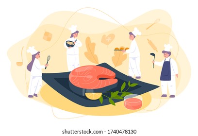 Little chef in professional uniform cook grilled salmon steak on the plate with lemon. Tasty fish fillet for dinner or lunch. Delicious meal. Isolated vector illustration in cartoon style