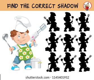 Little chef with a spoon and a mixer. Find the correct shadow. Educational matching game for children. Cartoon vector illustration