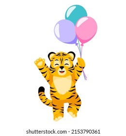 Little chef Tiger with balloons isolated. Cute character cartoon striped tiger party of birthday. Vector design for print, children decor, book illustration. Funny animals sticker for showing emotion.